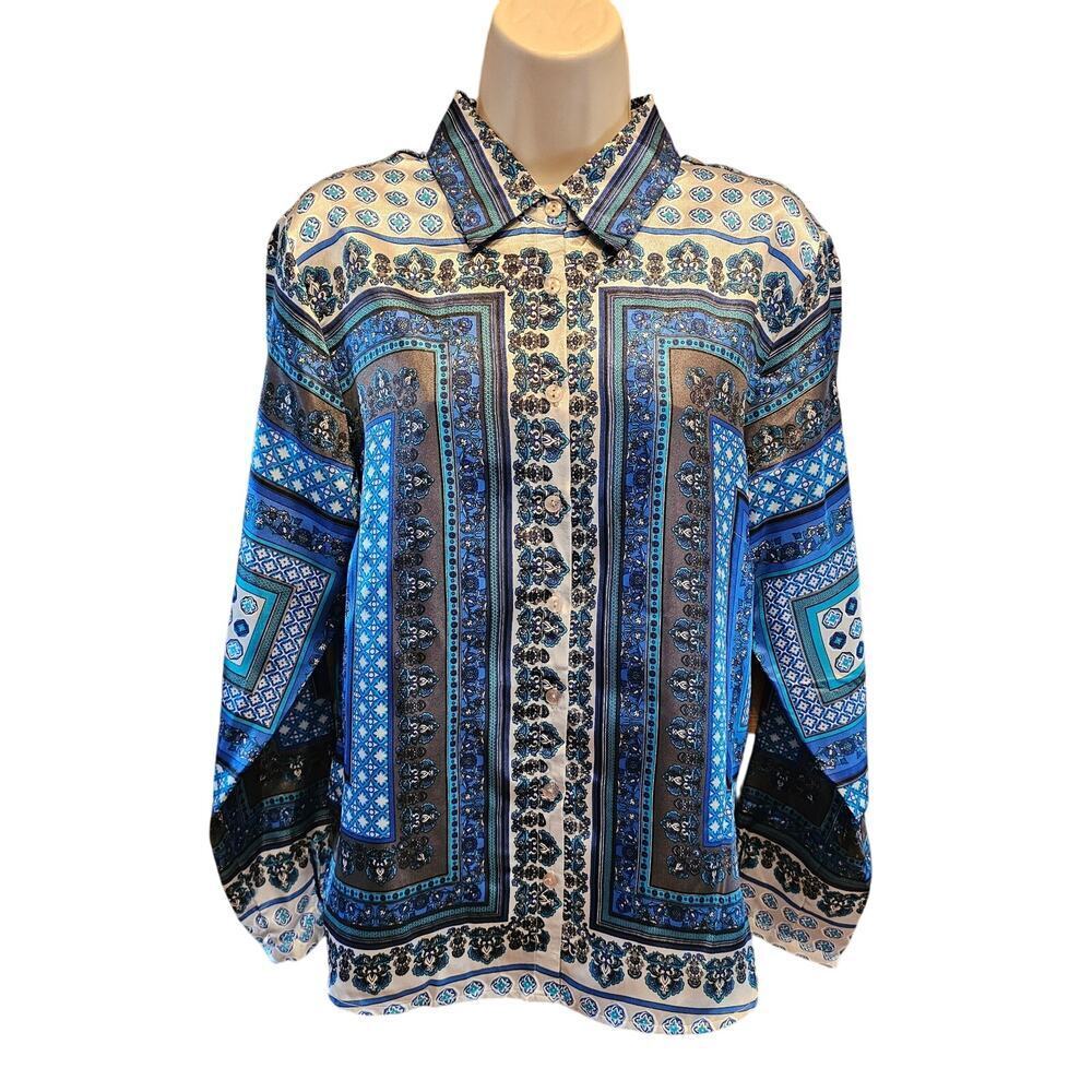 Zac & Rachel satin blue handkerchief persian carpet long sleeve Career Casual M+